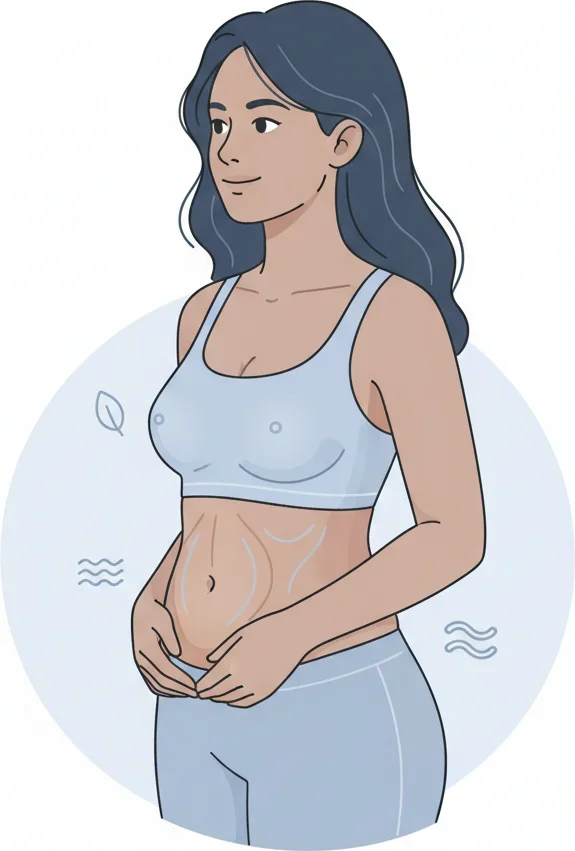 Illustrated profile of a woman with subtle anatomical indicators showing common post-pregnancy body changes in muted tones.