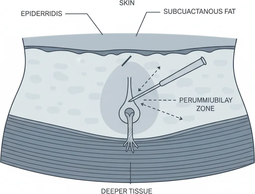 Anatomical cross-section diagram showing abdominal layers, a liposuction cannula, and the belly button's anchor to deeper tissue.