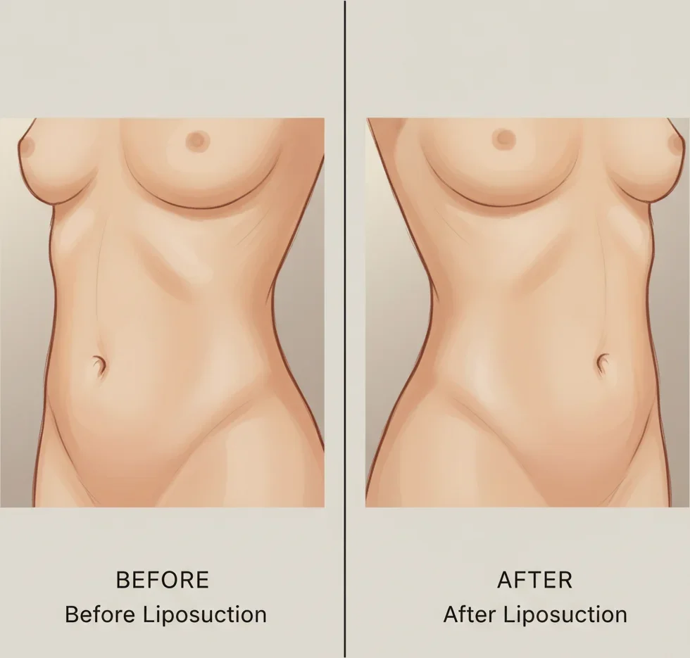 Side-by-side illustrated comparison of belly button appearance before and after liposuction, showing subtle shape and position differences.