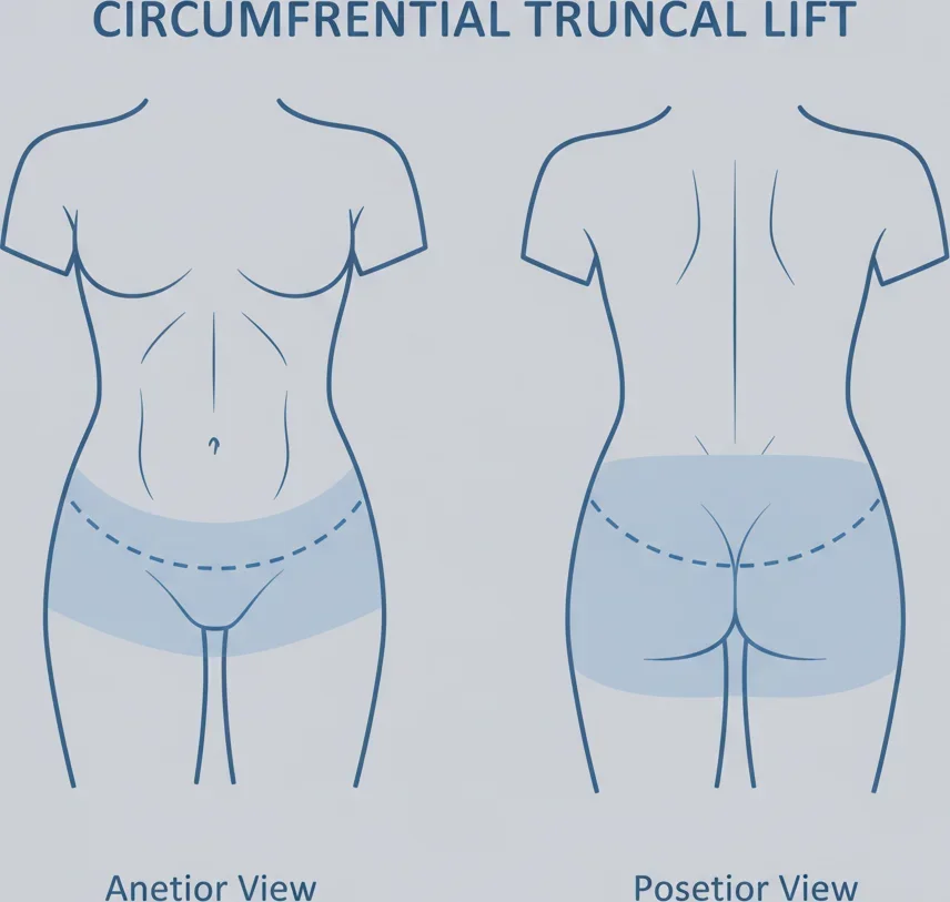 Illustrated diagram of a torso showing a dotted circular line around the lower trunk indicating the 360-degree incision path for belt lipectomy.