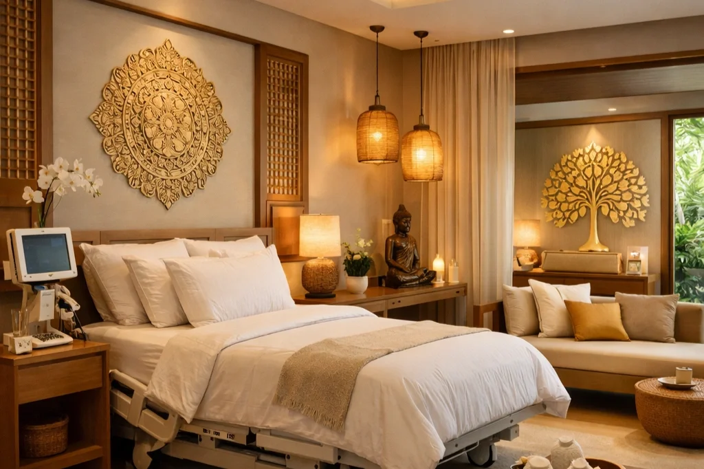 Serene luxury wellness recovery room with spa-like aesthetic, comfortable patient bed, and professional medical care environment for post-operative recovery