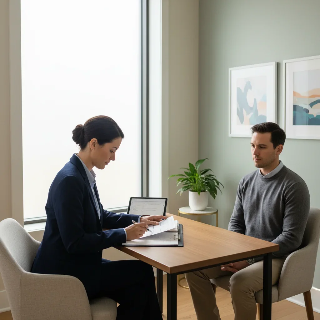 A healthcare practitioner and patient in a consultation room discussing treatment options at a desk with natural lighting.