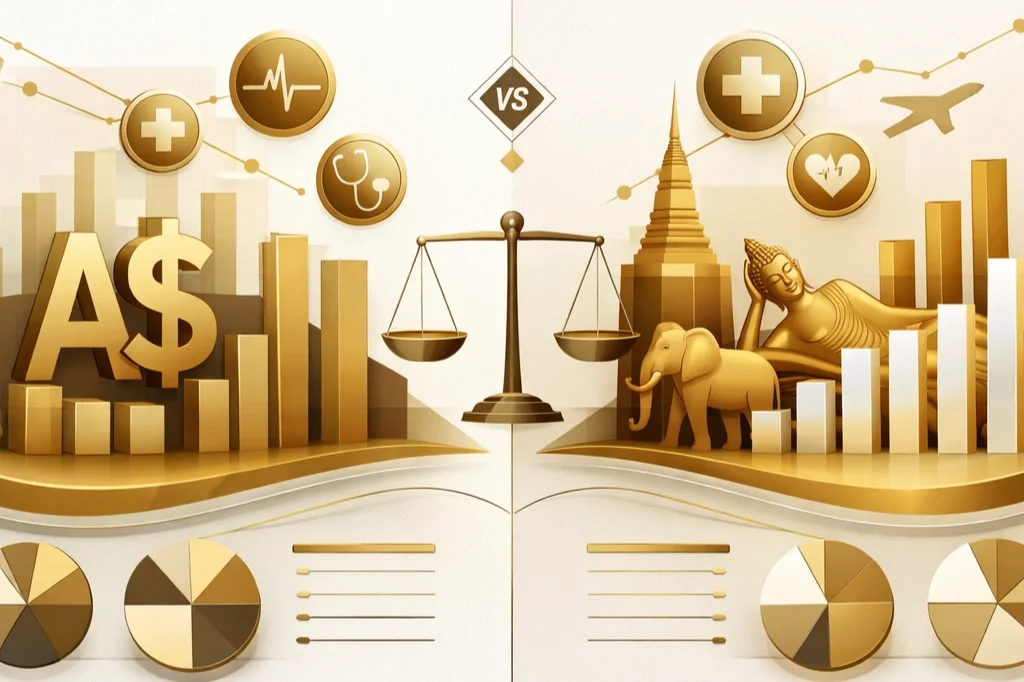 Abstract financial comparison visualization showing Australian dollar versus Thailand pricing structure for mummy makeover procedures, highlighting cost transparency in medical tourism