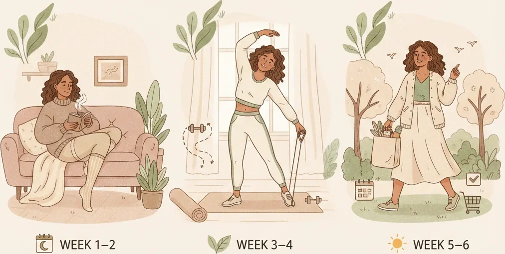 Illustrated timeline showing a woman progressing through recovery stages from weeks one through six, with gentle activity cues at each phase.