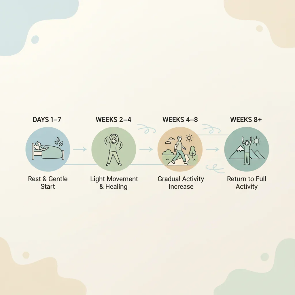 Recovery timeline illustration showing four phases of healing after belt lipectomy with icons representing rest, gentle movement, and gradual activity return.
