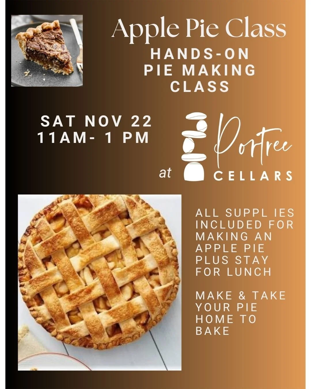 Need a dessert for your holiday gathering?

Join us on Nov 22 and make a pie from scratch and take it home to bake!  Darlene Kramer will be back at Portree Cellars to teach us the fine art of pastry.  We'll also enjoy lunch afterwards. 

Limited seat