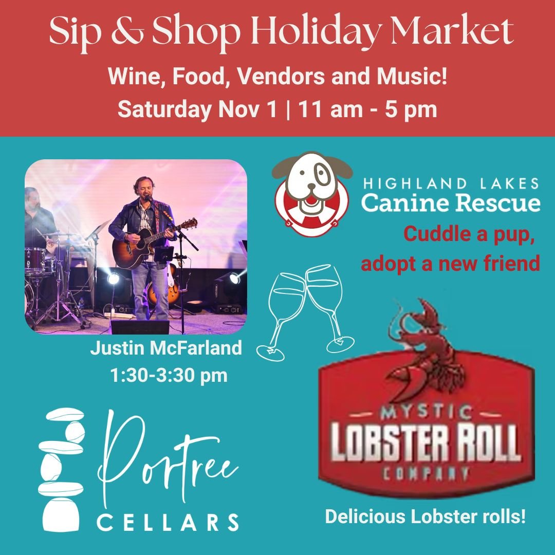 Ready to get your holiday game on?

Come out to Portree Cellars Saturday Nov 1st and enjoy wine, music, local vendors and lobster rolls!  Inside shopping, come rain or shine!

Grab a gift for friends or family ...or a gift for yourself!  You deserve 