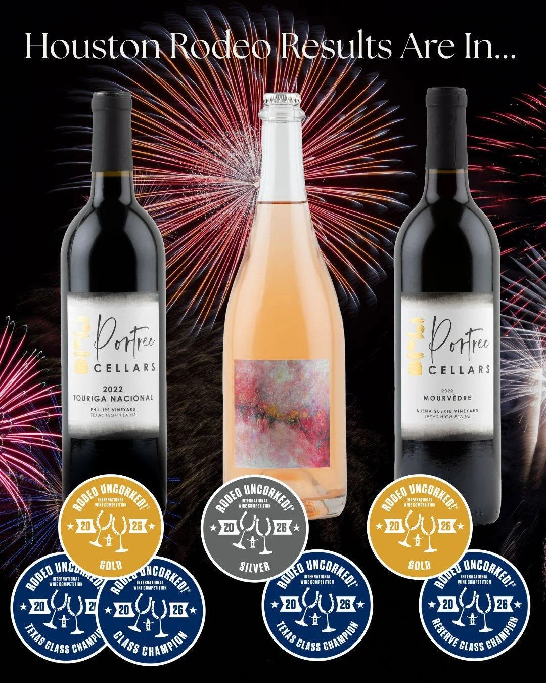 Excited to receive the results from the Houston Livestock Show and Rodeo International Wine Competition:

- GOLD medals for our 2022 Touriga Nacional and 2022 Mourvedre
- SILVER medal for our Fairy Pools Estate sparkling 
- Class champion awards for 