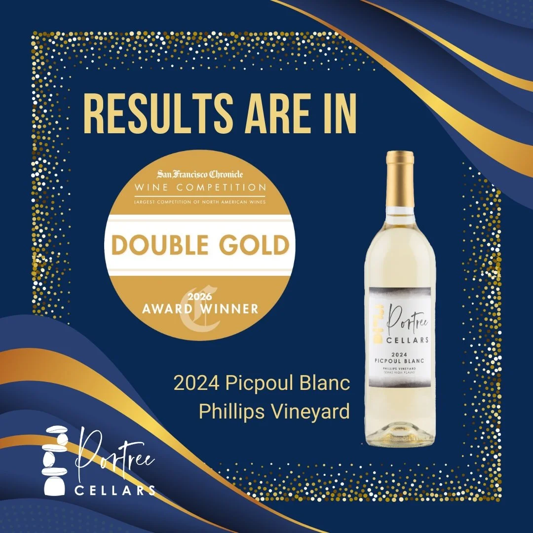 Exciting news! 

The San Francisco Chronicle Wine Competition awarded Portree Cellars a double gold for the 2024 Picpoul Blanc and gold medals for the 2022 Teroldego and 2022 Touriga Nacional!  All of our wines entered medalled and we're eager to sha