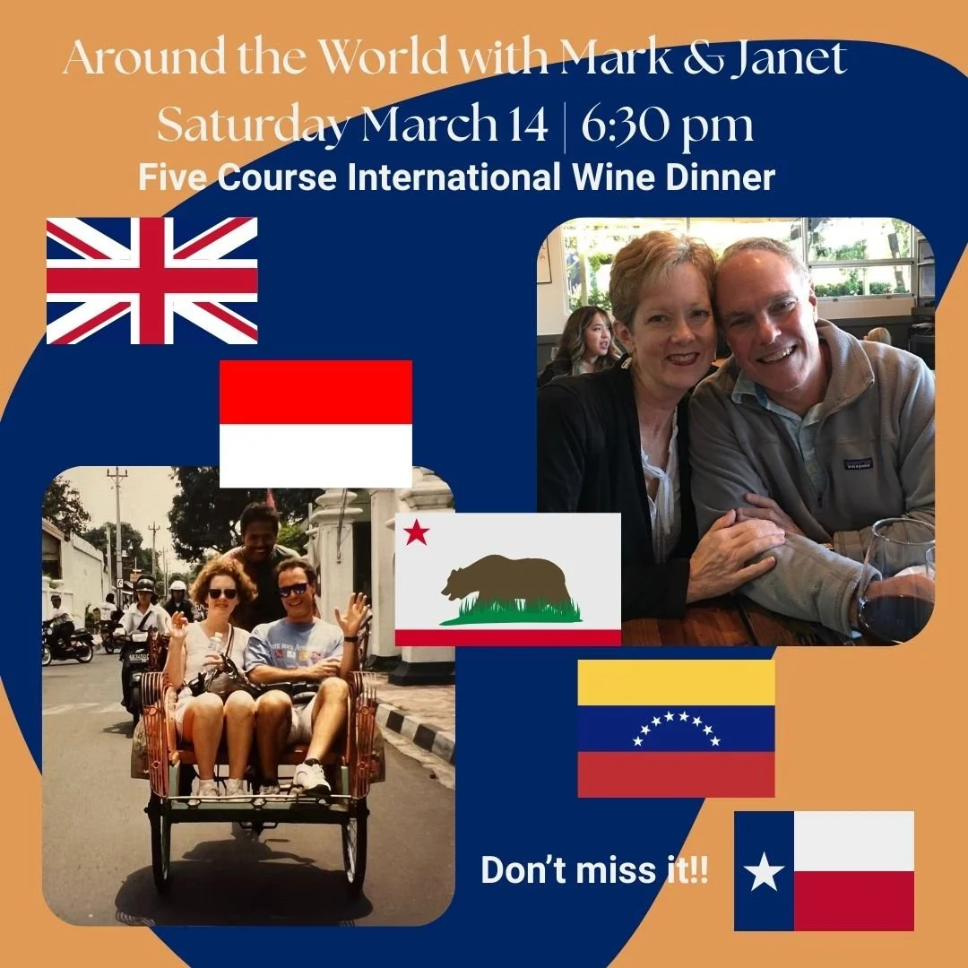 Enjoy international cuisine?  Join us for a fine dining experience featuring Portree Cellars wines paired with dishes from all of the places Mark and Janet have lived.  Plus hear stories of their travels and how they ended up in Hye, Texas!

Don't mi