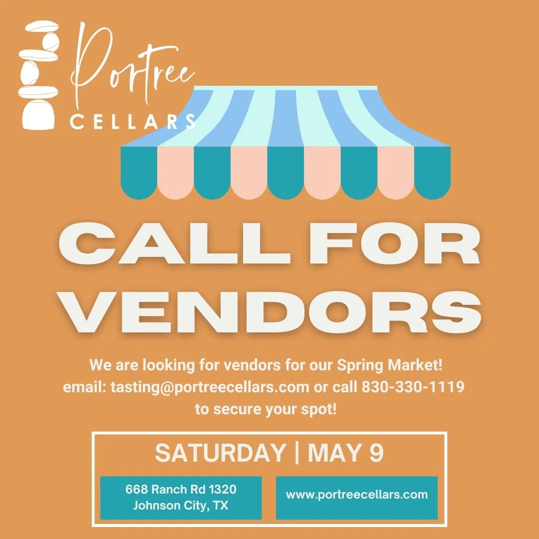 Do you have a small business and want to market your wares?

Call us at 830-330-1119 to get set up for our May 9th Spring Market.  Wine, food, shopping and live music!  Don't miss the fun!

#portreecellars #springmarket #texaswine #winelover #hyetexa