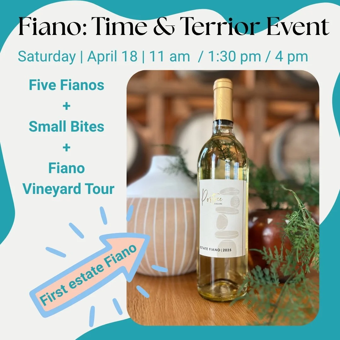 Wonder how time, place and aging can impact a wine?

Come to Portree Cellars and taste five different Fiano wines, each unique and expressive of time and place.  Our winemaker Janet will guide you through our four Fianos from Pepper Jack Vineyard, in