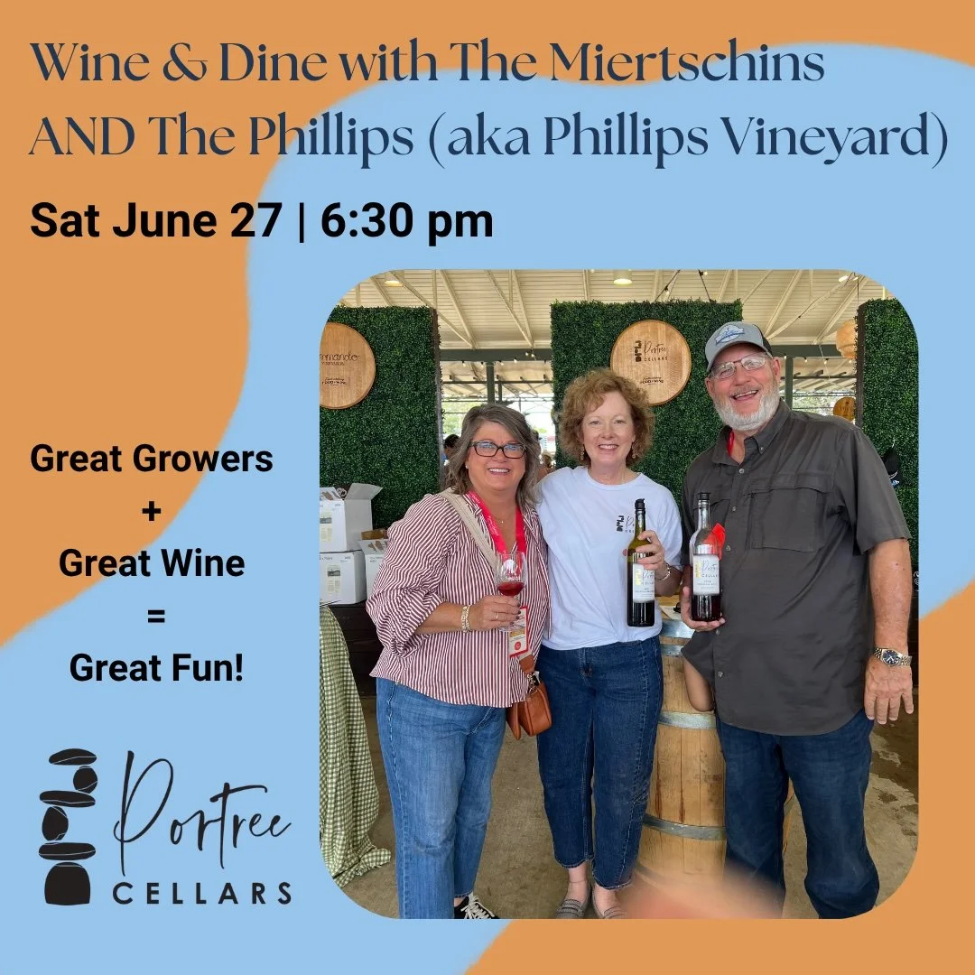 Want something delicious and fun?

Join us for our next Wine &amp; Dine with the Miertschins and enjoy five awesome courses, each featuring a different 100% Texas award-winning Portree Cellars wine and each made with beautiful grapes from the amazing