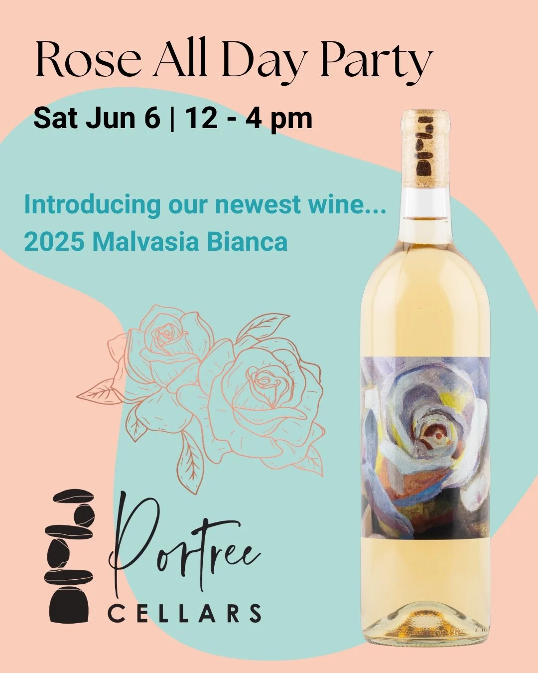 Looking for something delicious for the summer?

Join us on Saturday June 6 for our Rose All Day Party as we roll out our latest white wine, 2025 Malvasia Bianca.  She's a beauty with aromas of jasmine, gooseberry and lychee and a delightful crisp ta