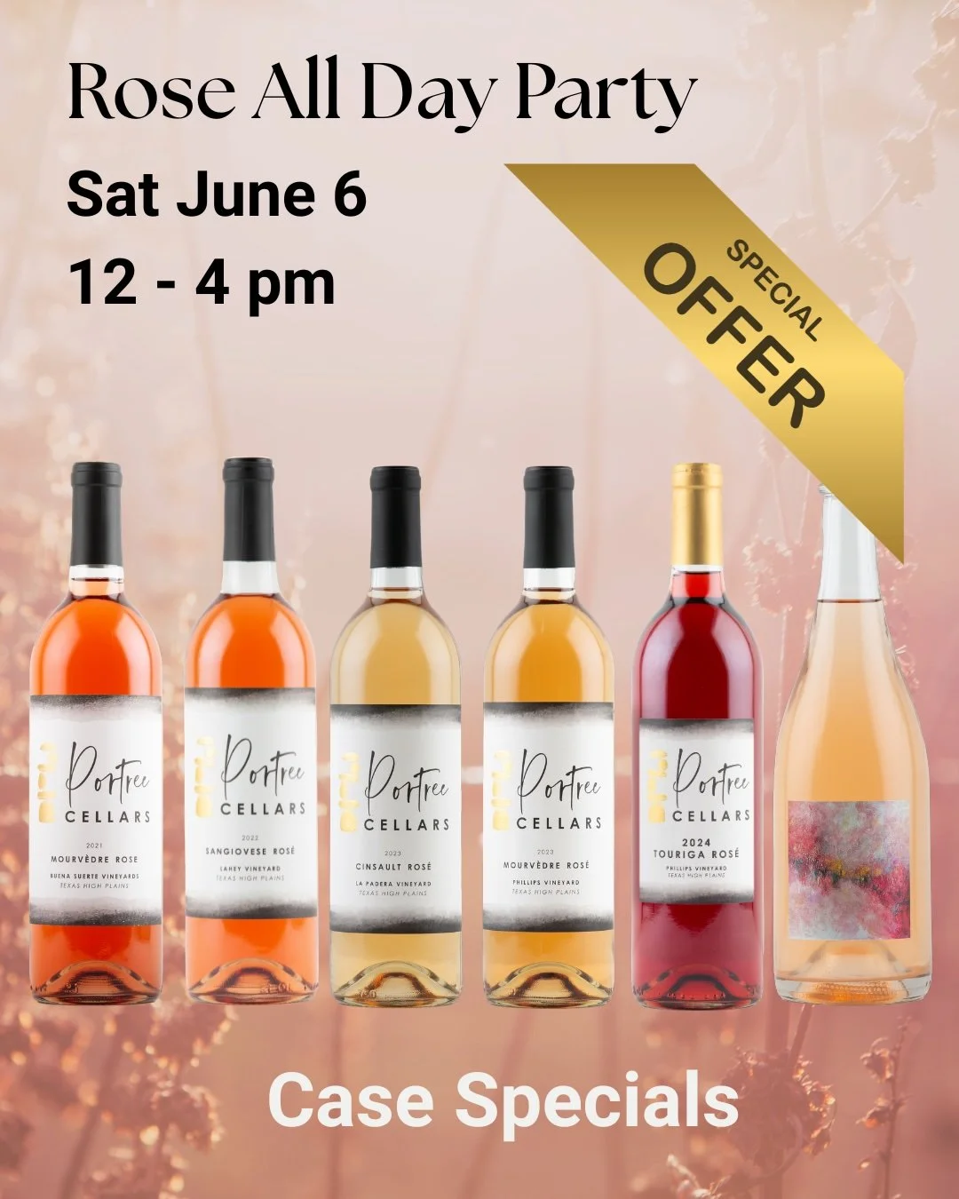 Want a great deal?

This Saturday all of of our rose wines plus our sparkling estate Fairy Pools are on sale to celebrate the kick off to summer.  Join us at our Rose All Day Party (or call us to secure your case) and buy a case of any of our roses a