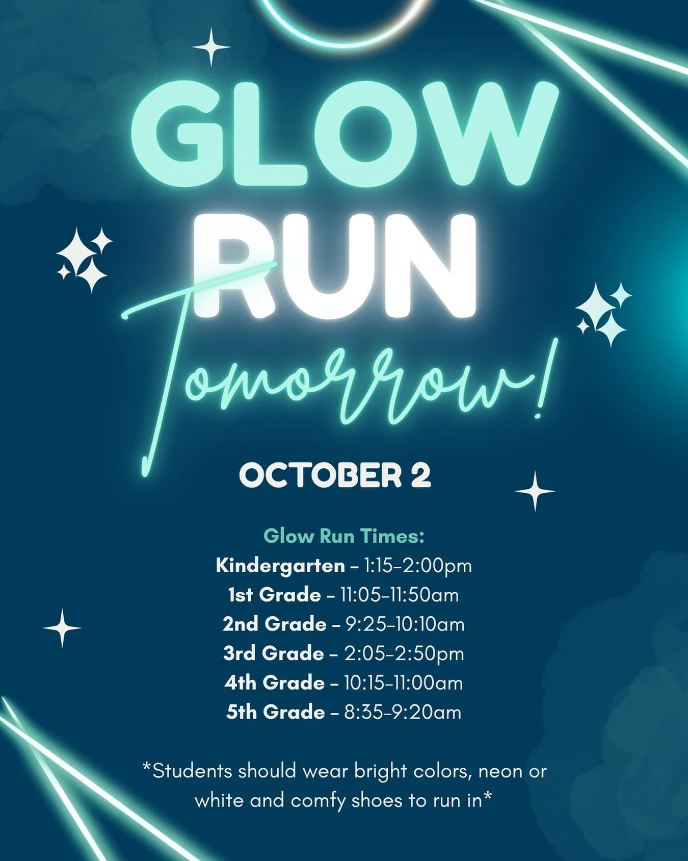 ✨🌟 Tomorrow&rsquo;s the BIG DAY! 🌟✨

🎉Our Glow Run is here, and we can&rsquo;t wait to celebrate! 
👟 Students should wear their brightest clothes and comfy shoes!
💙 Volunteers, please arrive 20 minutes early to allow time for check in. We couldn