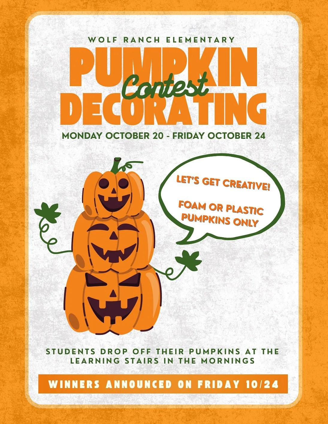 If you&rsquo;re looking for a fun craft to do over the fall break, look no further!! Our annual Pumpkin Decorating Contest is here! 

Pumpkins must be artificial, and created at home. There will be winners for each grade, so we encourage this to be a