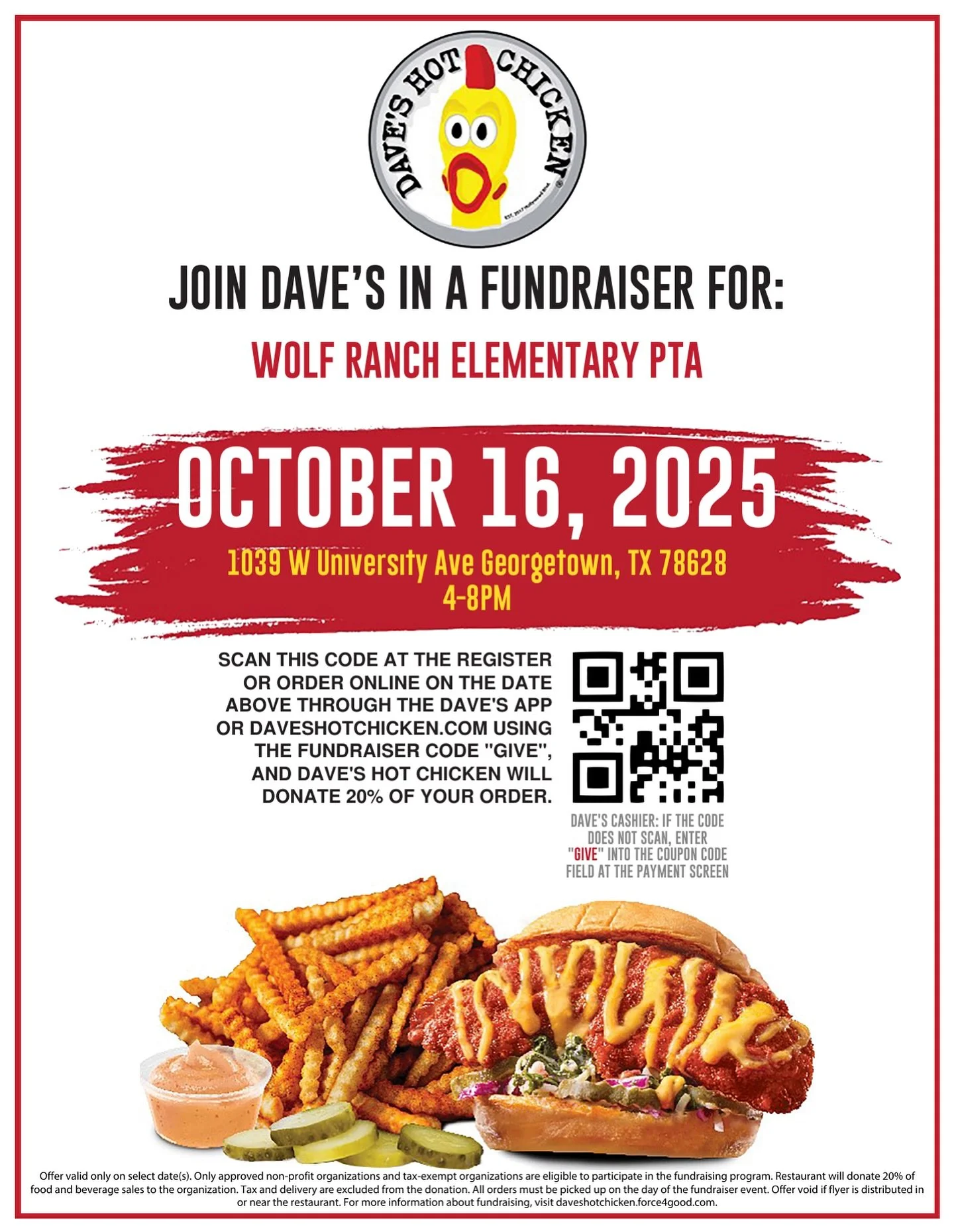🔥 Dine for a Cause! 🔥
Tired from cooking over the long weekend?!? Join us at Dave&rsquo;s Hot Chicken this Wednesday, October 16th from 4&ndash;8PM to support Wolf Ranch Elementary PTA!

📍 1039 W University Ave, Georgetown, TX
Just mention the fun