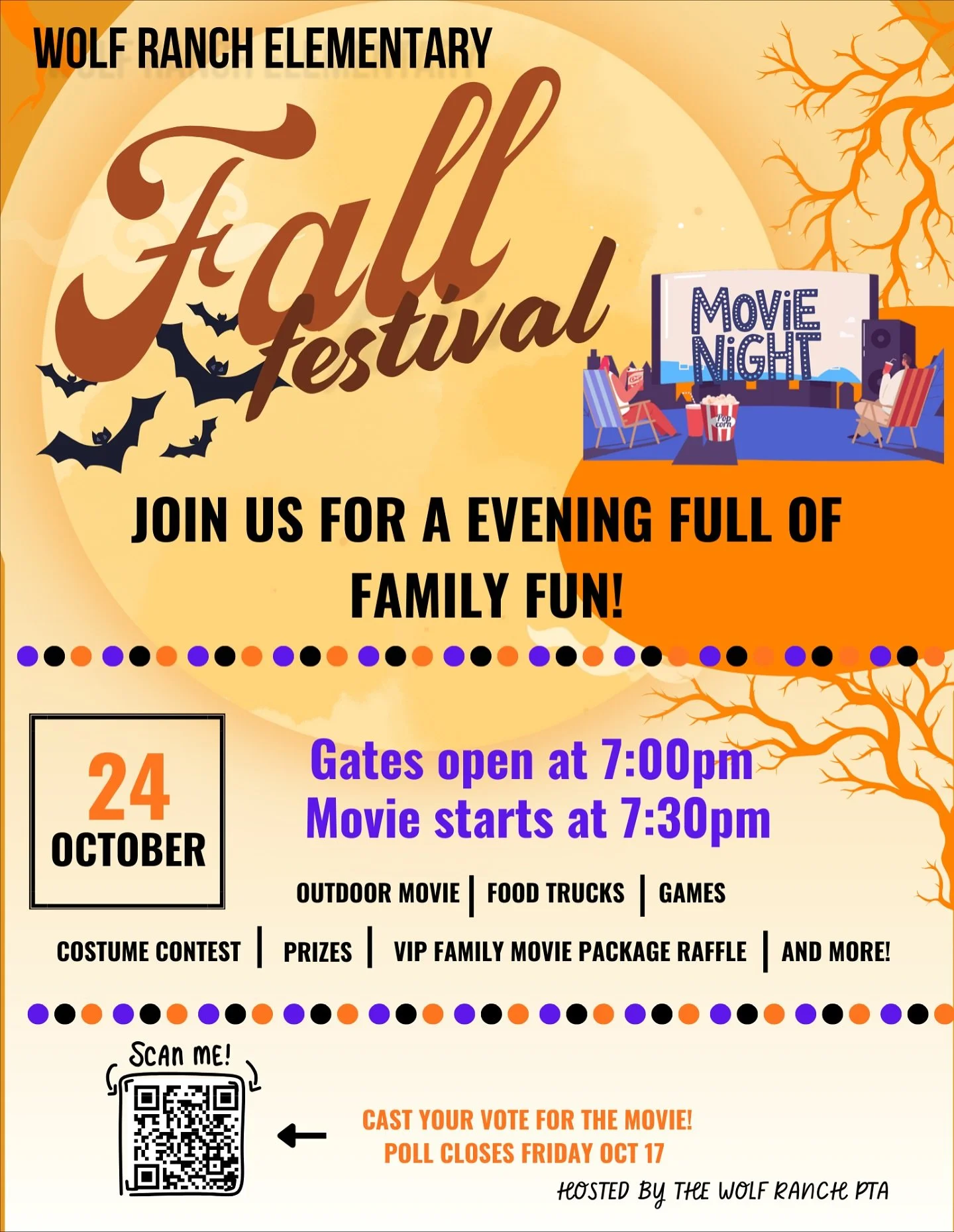 🧡🖤 Join us on Friday October 24th for an evening full of Family Fun!! We had to cancel the trunk or treat due to circumstances out of our control, but the Movie Night is STILL ON!! Gates open at 7! Scan the QR code or visit the link in our stories 