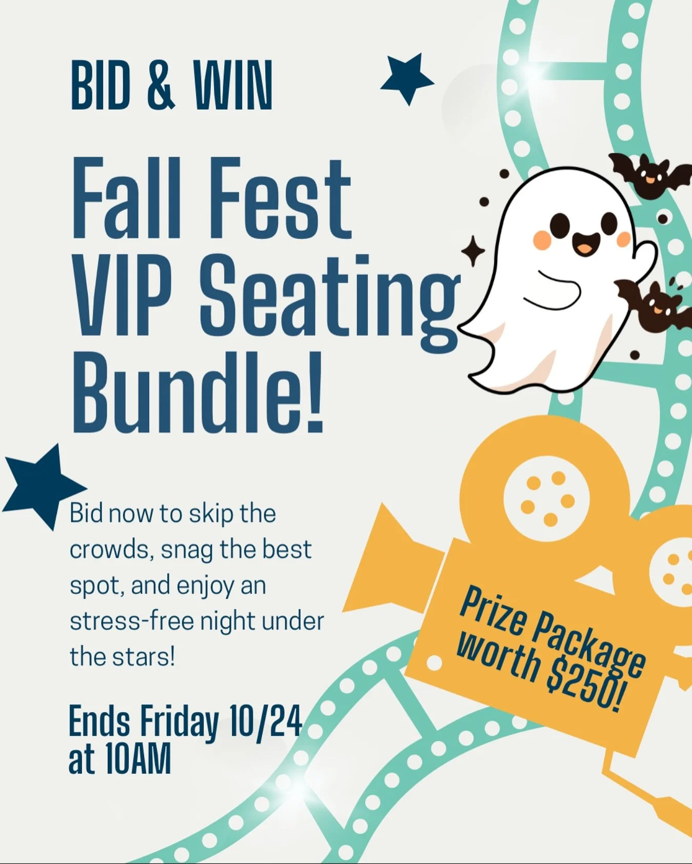 Enjoy the ultimate movie night experience at Fall Fest with our exclusive VIP Seating Bundle! Perfect for a family or small group, this package lets you relax in style while watching the outdoor movie with all the perks included:  VIP Seating Bundle 