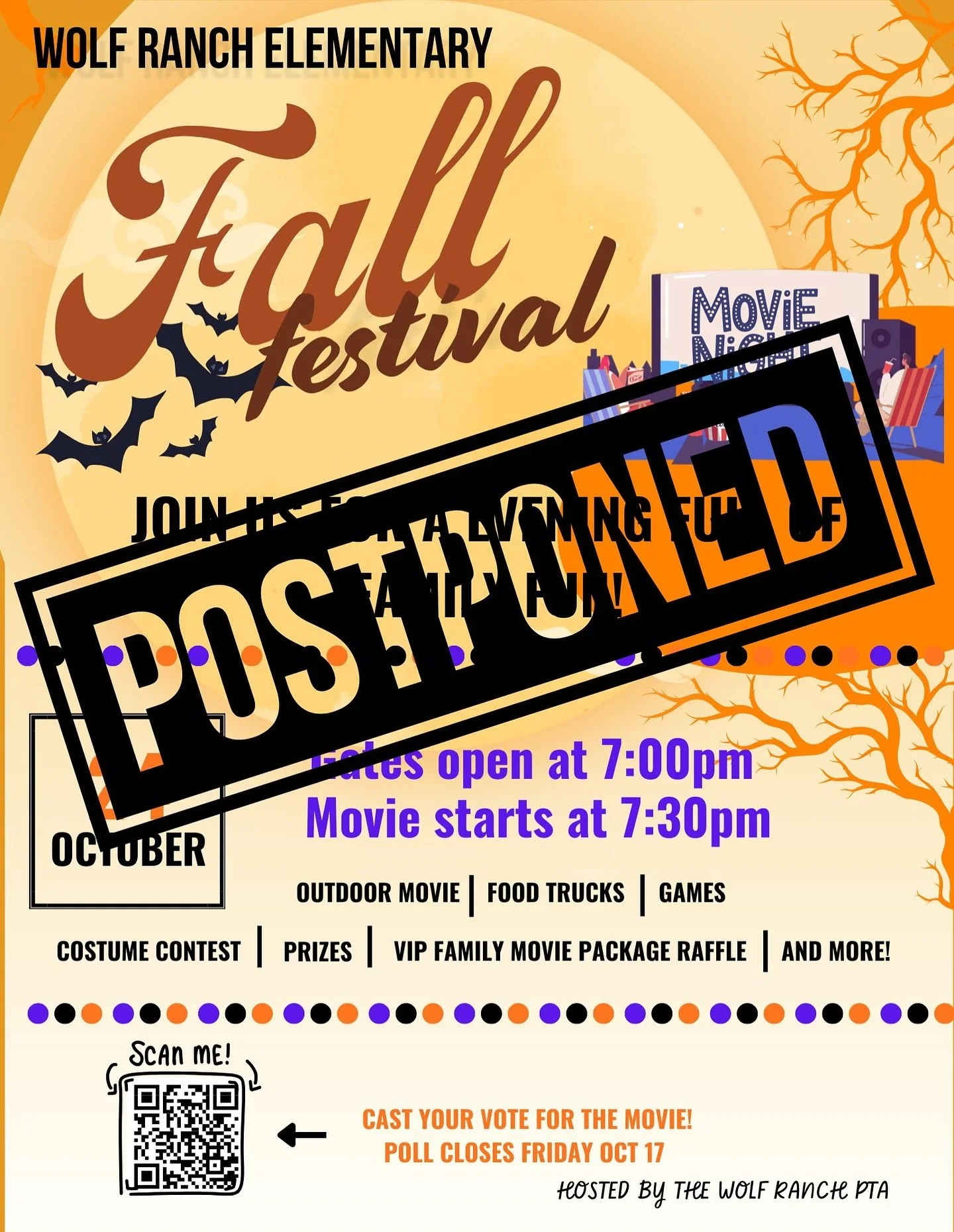 Due to impending weather, the Wolf Ranch Fall Festival is being postponed until November 7th. Keep your eyes posted for additional updates in the coming days! Stay safe and warm, and we will see you in a couple weeks 🍁🧡