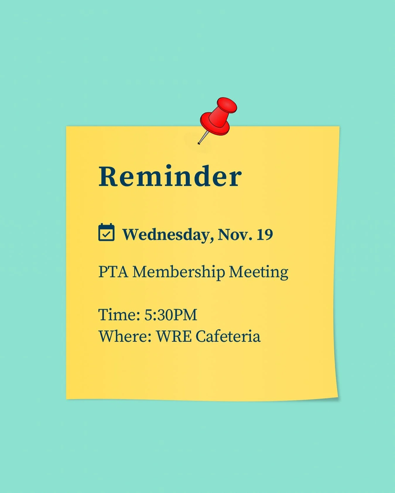 We need your vote tomorrow!!

If you are part of the PTA, come hear about details for Winter Wonderland and vote on our amended budget for the remainder of the year! 

Meeting will be held in the WRE cafeteria at 5:30 PM.