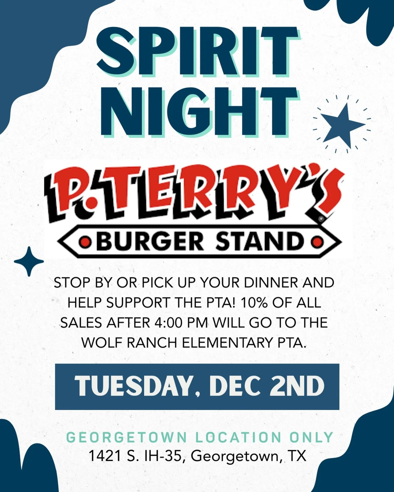 🍟 T O M O R R O W 🍔 

It&rsquo;s Spirit Night at P. Terry&rsquo;s! 🎉

Burgers, fries, shakes&hellip;and fundraising for our school? YES PLEASE.

Skip the cooking after a long holiday week and support our PTA with every order! 🙌