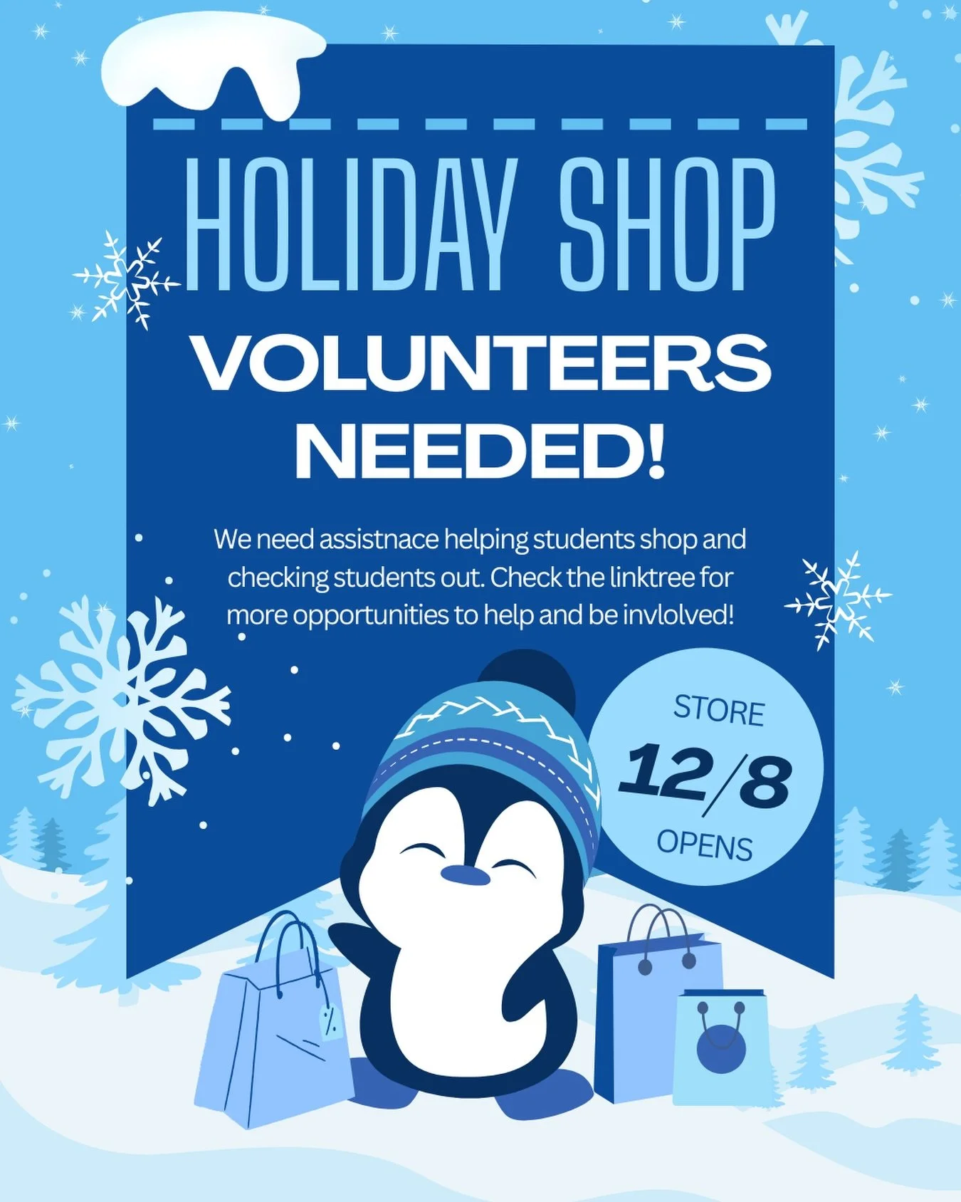🎄 Our Holiday Shop opens Dec. 8, and we need volunteers to help our students pick out gifts and check out at the register.

❤️ Want to get involved? Visit our Linktree to see all the ways you can support our campus this season!