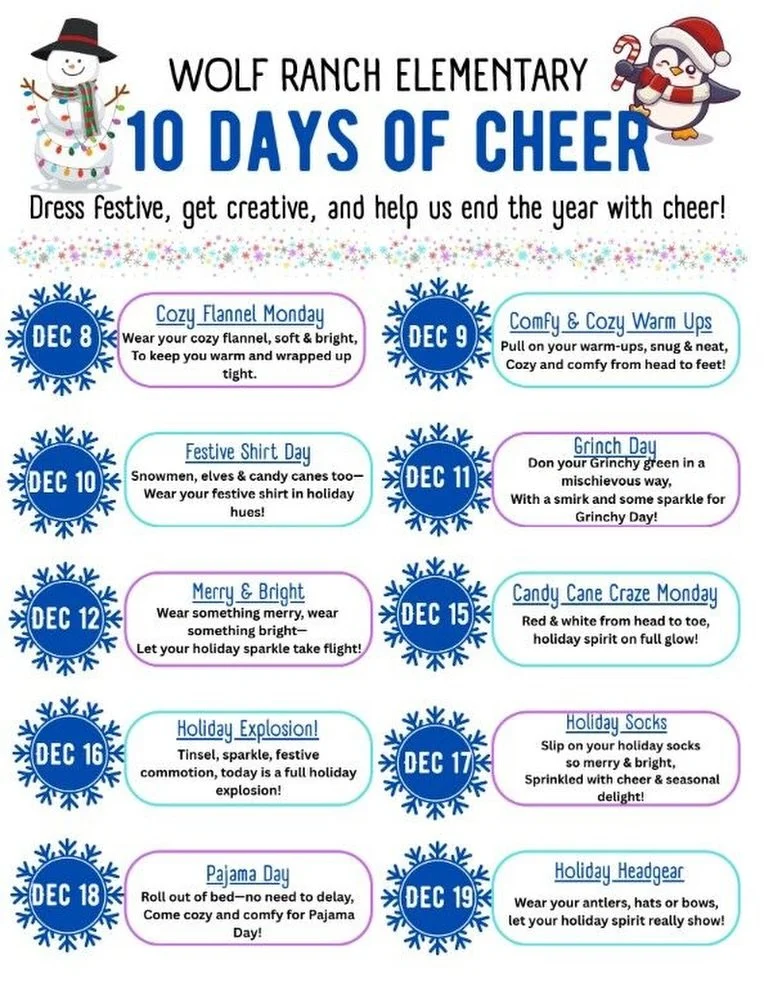 If you haven&rsquo;t pulled out those holiday clothing boxes, now is your time 🎄✨ Let&rsquo;s count down the last 10 days of school this year with CHEER!! Dress up, get festive and have some fun!

Kicking things off tomorrow is Cozy Flannel Monday f