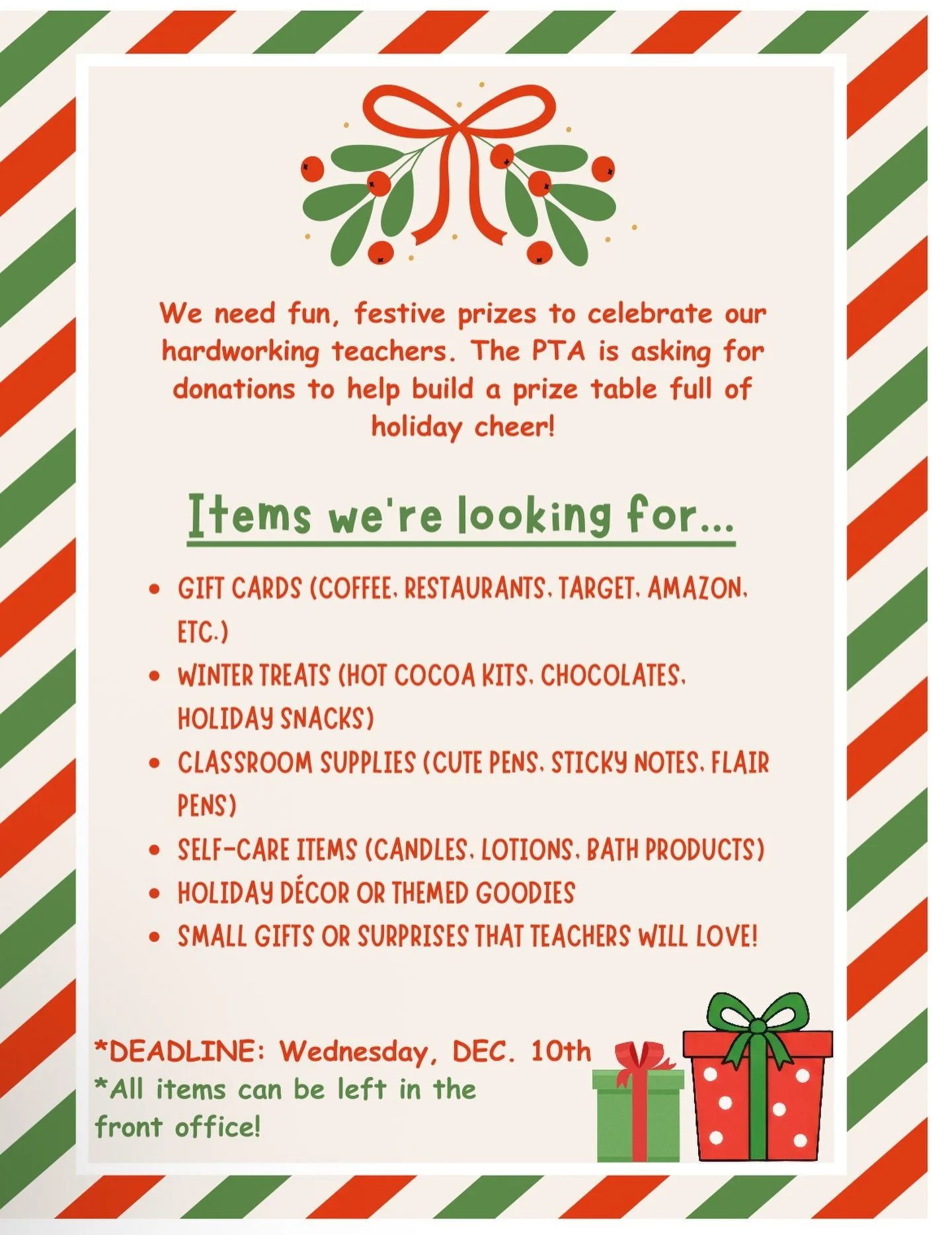 ✨🎁 Help us shower our amazing teachers with some holiday cheer! The PTA is putting together a fun prize table for our hardworking staff, and we&rsquo;re collecting donations to make it extra special. ❤️💚

We&rsquo;re looking for:
🎟️ Gift cards
☕️ 
