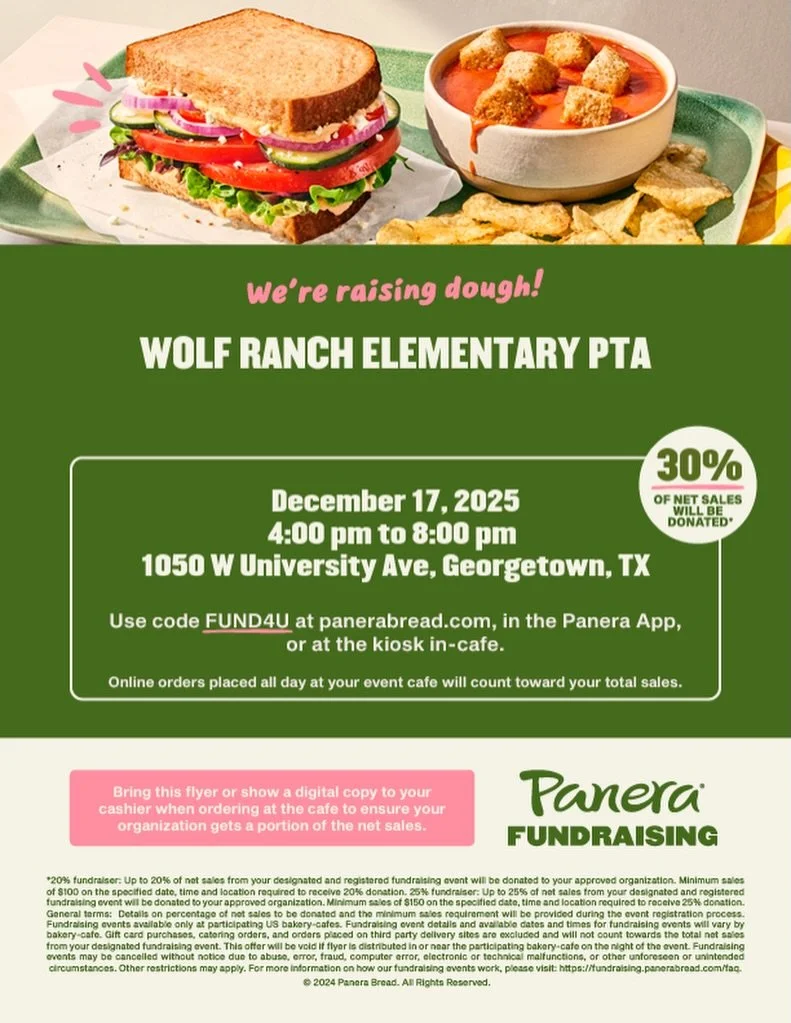 🍞💛PANERA BREAD SPRIT NIGHT!! Raise That Dough for Wolf Ranch! 💛🍞

No better time than now to grab dinner (or lunch), skip the dishes, and help raise funds for our school &mdash; it&rsquo;s that easy (and delicious)!

📍 Panera Bread
📅 TODAY, Wed
