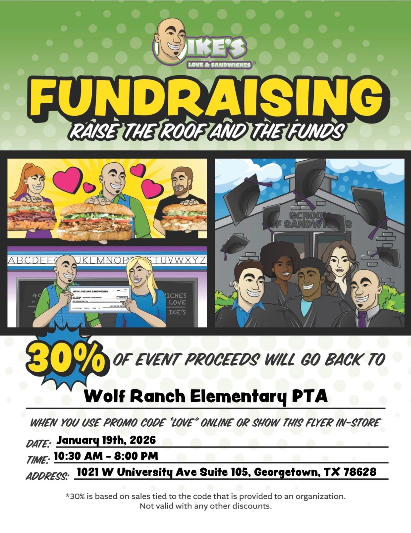 With school out on Monday 1/19, take a family trip to @ikessandwiches and support Wolf Ranch Elementary &mdash; The fundraiser is going ALL DAY LONG 🥪!! 

💚 Use code &lsquo;LOVE&rsquo; online or show the flyer in-store!

Enjoy the long weekend 😊