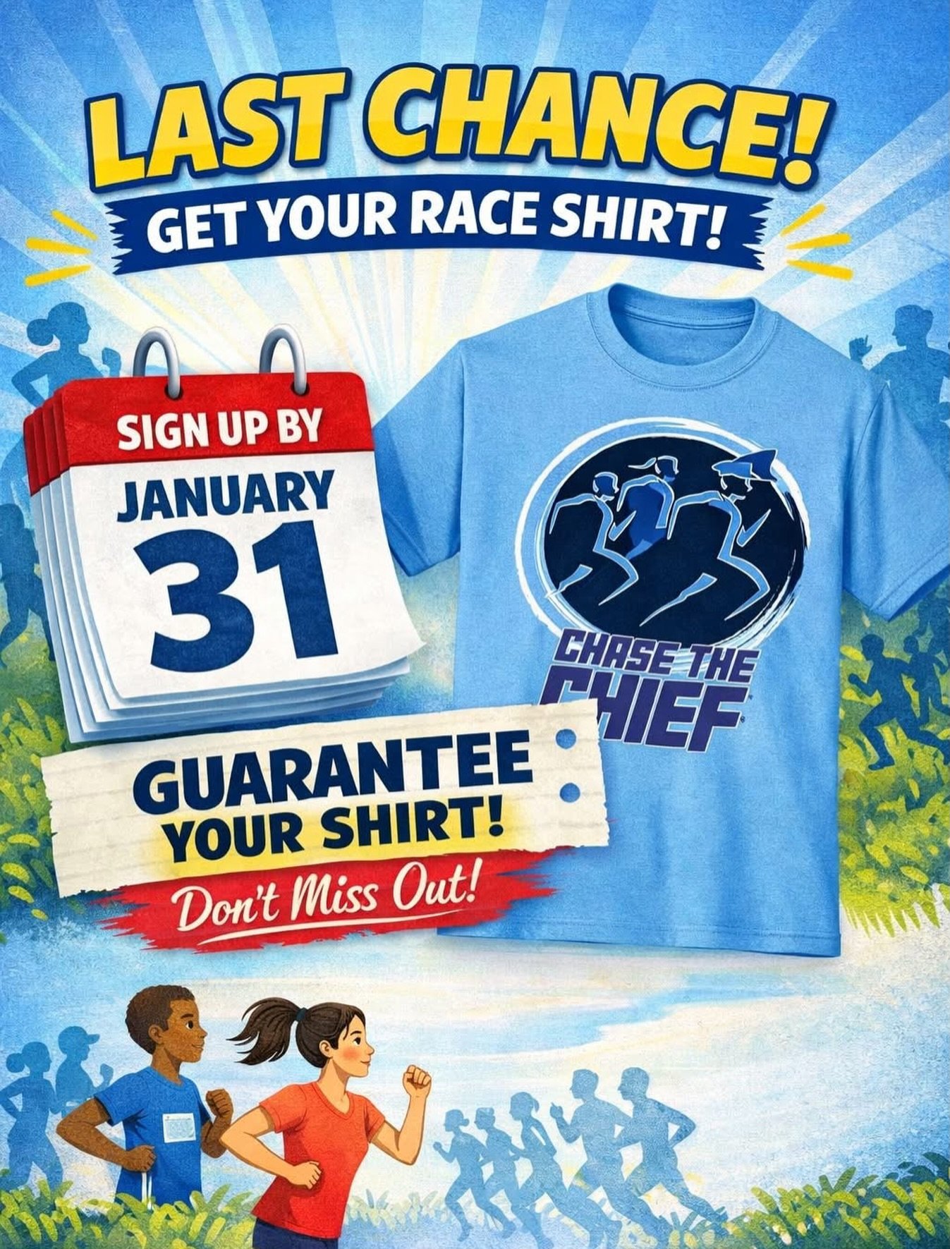 Ready, set&hellip; Chase the Chief! 👟🚓

Run or walk alongside the Georgetown Police Chief while supporting our elementary school PE departments. Sign up today and help keep our kids active and strong 🏃🏃&zwj;♀️!

Today is the last day a shirt is g