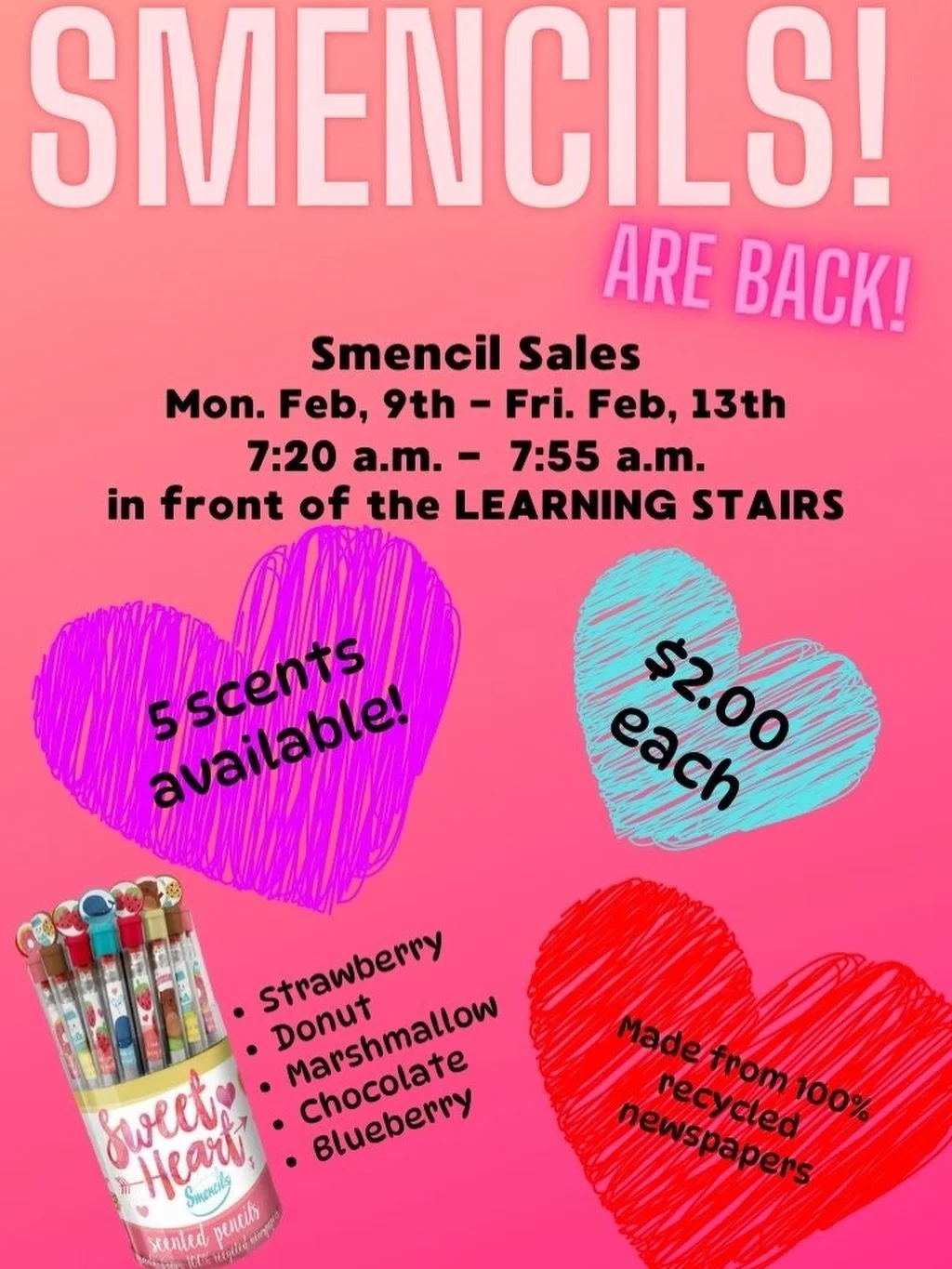 ✏️ ✨ Smencils are back!  Student Council will be selling smencils starting Monday, February 9 for just $2 each. Grab your favorite scented pencil and support our student leaders! 🍓 🍩 🍫🫐