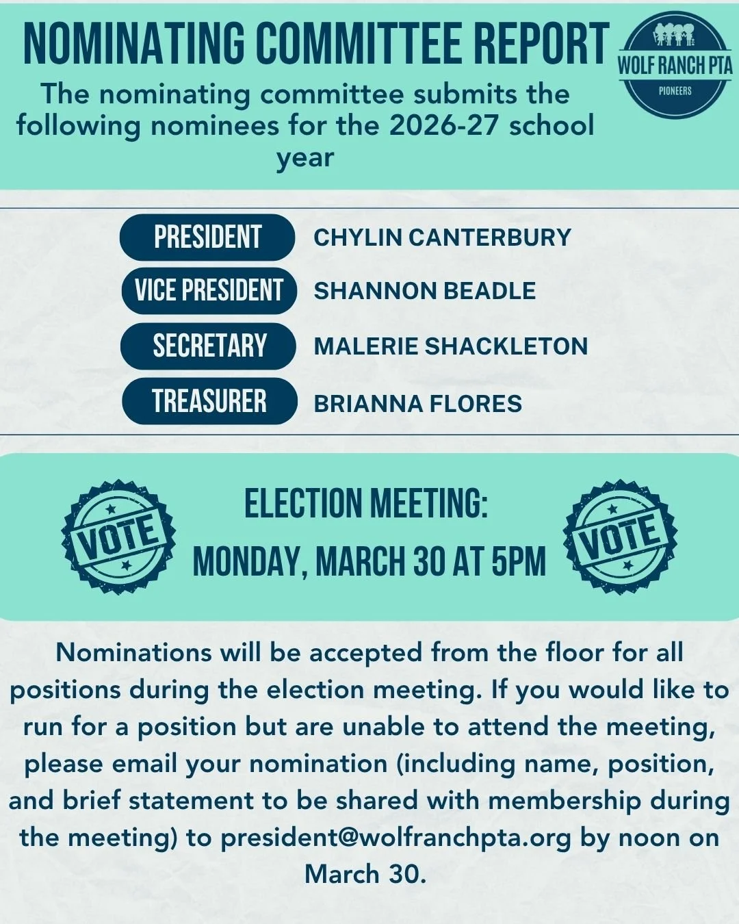 The Wolf Ranch PTA Nominating Committee is pleased to announce the slate of officer nominees for the 2026-2027 school year. Elections will take place during next week's membership meeting. 

🗓 Monday, March 30
⏰️ 5-6 PM
📍 Wolf Ranch Elementary Cafe