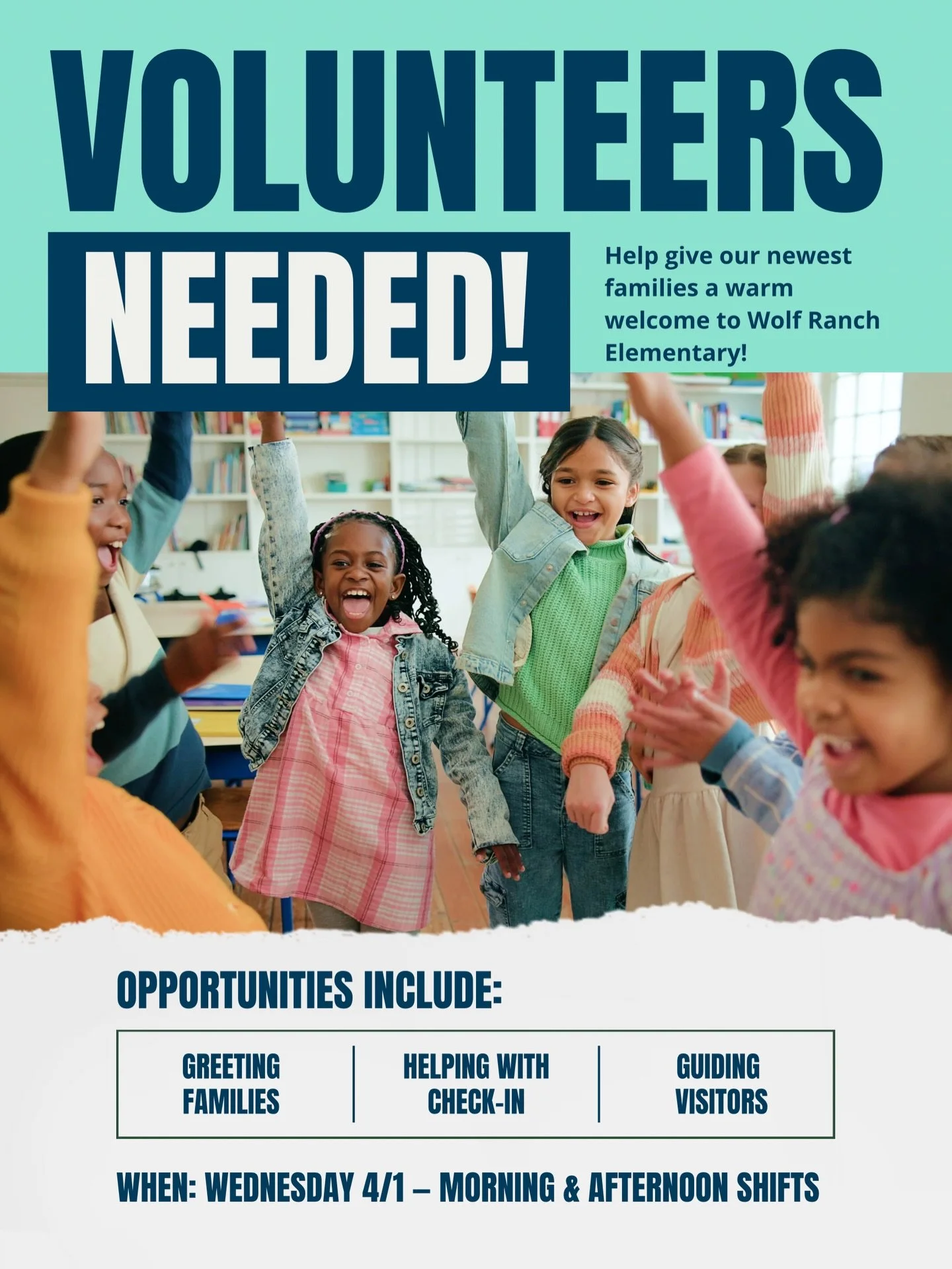 🖍️PreK/Kinder Round Up Volunteers✂️

Help us give our newest families a warm Wolf Ranch welcome! 

We&rsquo;re looking for volunteers to support our Pre-K &amp; Kindergarten Registration Round-Up event. This is a great opportunity to make a positive