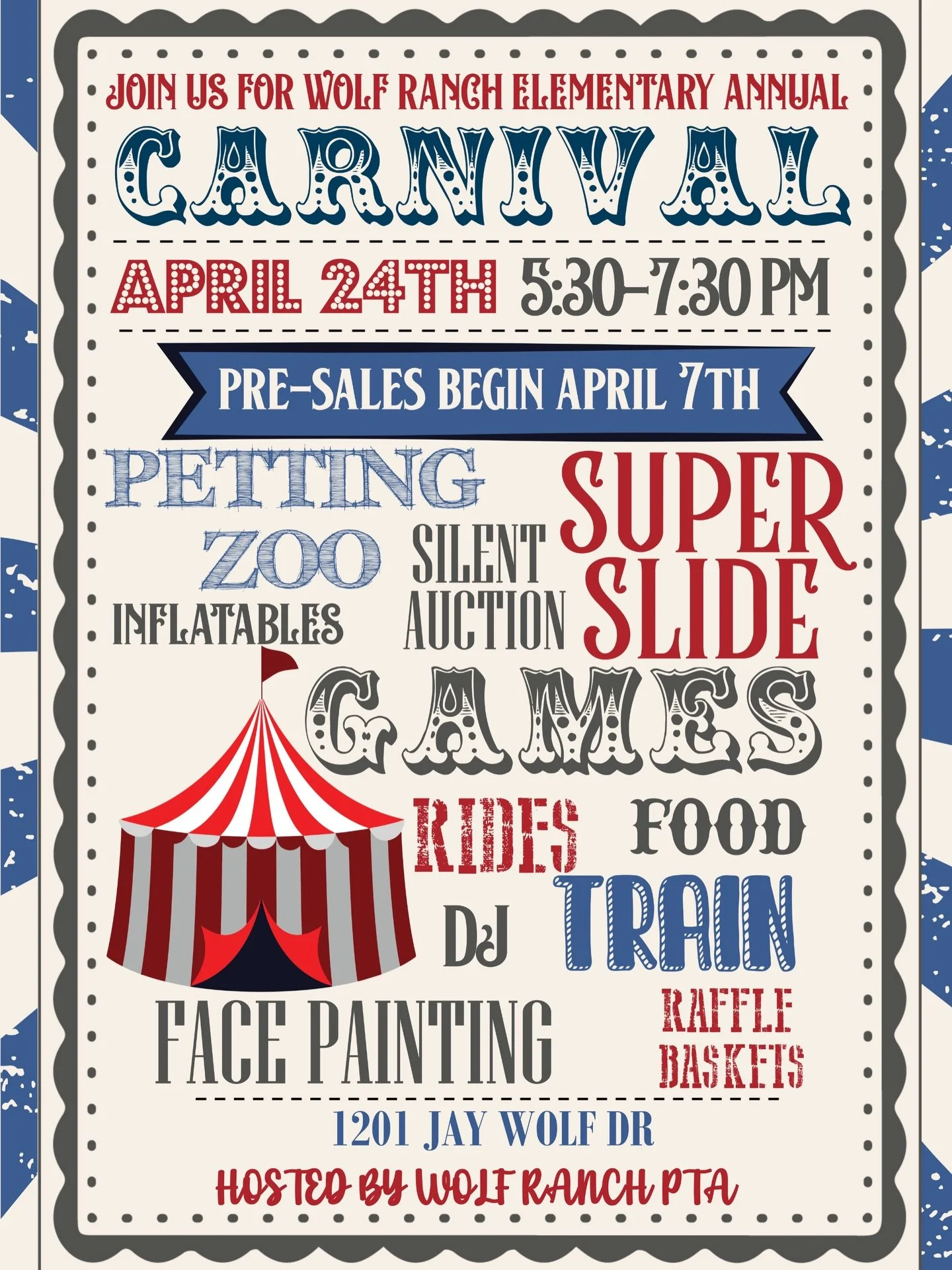 🎡 PRESALE TICKETS ARE LIVE 🎟️

It&rsquo;s officially time&hellip; our Wolf Ranch Elementary Annual Carnival is coming and you don&rsquo;t want to miss this one 🤩

🗓 April 24th
⏰ 5:30&ndash;7:30 PM
📍 1201 Jay Wolf Dr

Grab your tickets early and 