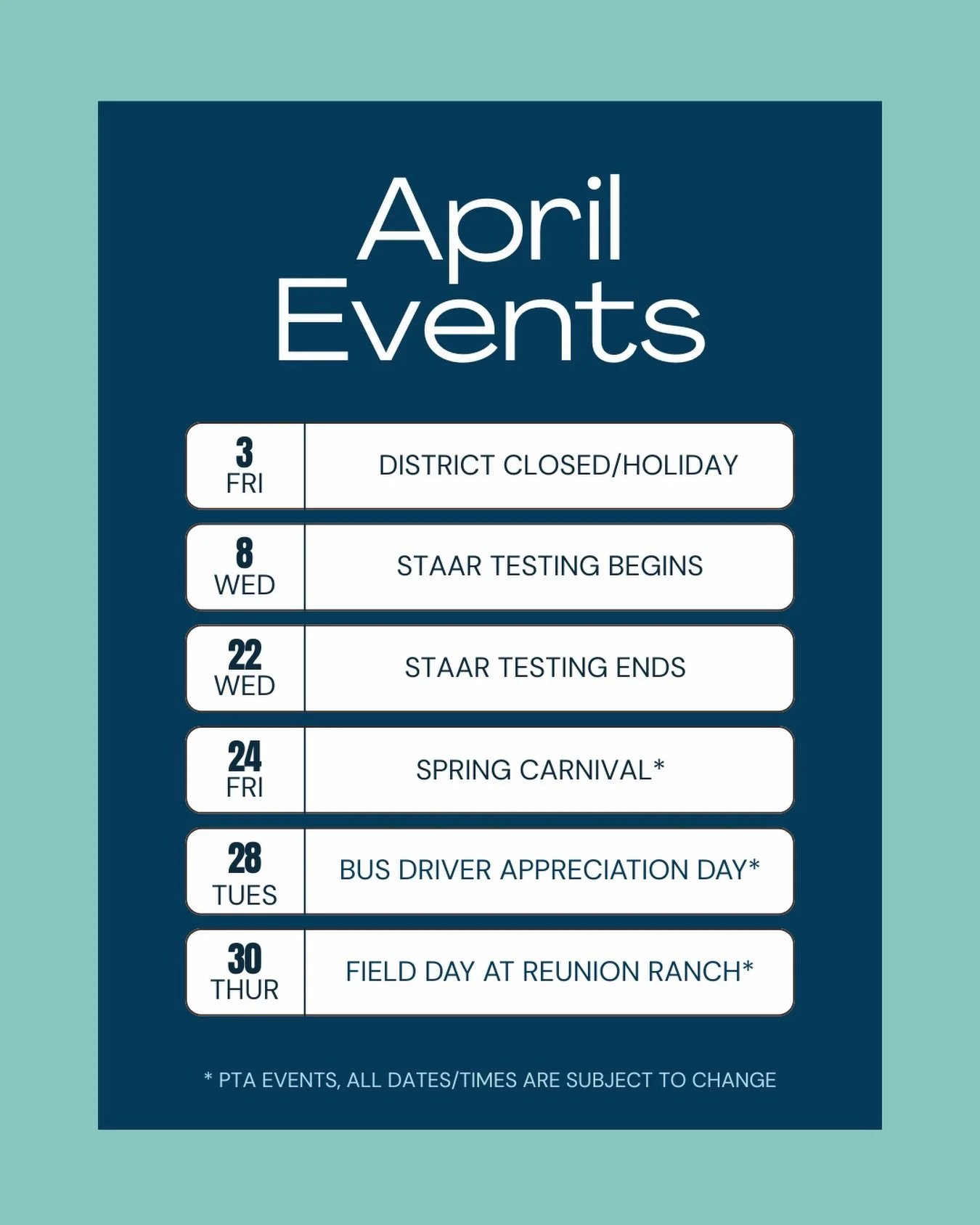 🎉 April is here and full of fun events! Don&rsquo;t forget to pencil in these important dates! ✏️

🎟️ Carnival ticket sales, 🙋&zwj;♀️volunteer opportunities and 🤩 field day chaperone sign-up can be found in the link in bio!