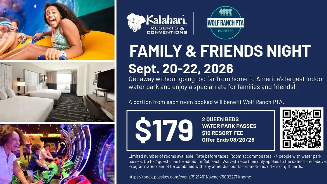 💦Book by August 20th to get this special rate and take advantage of the 3 Day weekend in September! All while giving back to Wolf Ranch Elementary! 💦 This is a popular event with WRE families and rooms will go quick so book yours today!! ✨✨