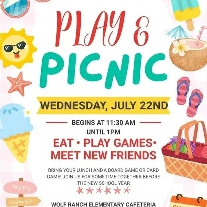 🎉📚 ONE MONTH until the first day of school! 📚🎉 Before school starts, come join us for some summer fun:

🧺 July 22 | Pioneers Play &amp; Picnic
🕦 11:30 AM &ndash; 1:00 PM
📍 Wolf Ranch Elementary Cafeteria

🍧 July 30 | Popsicles with the Princi