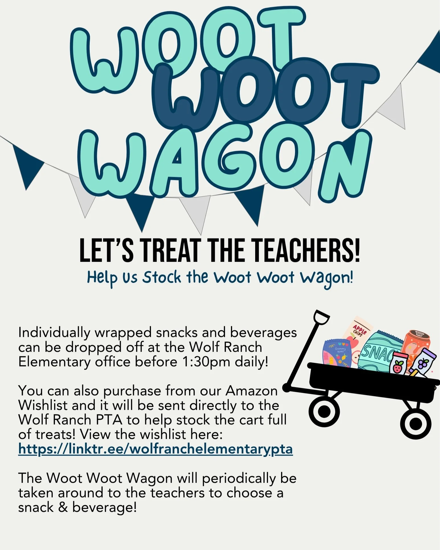 📣 Help Us Stock the Woot Woot Wagon! 🎉💙

Our Woot Woot Wagon is ready to roll, and we need your help filling it with goodies for our amazing Wolf Ranch staff! 🐺✨

Throughout the year, the PTA rolls out the Woot Woot Wagon to surprise our teachers