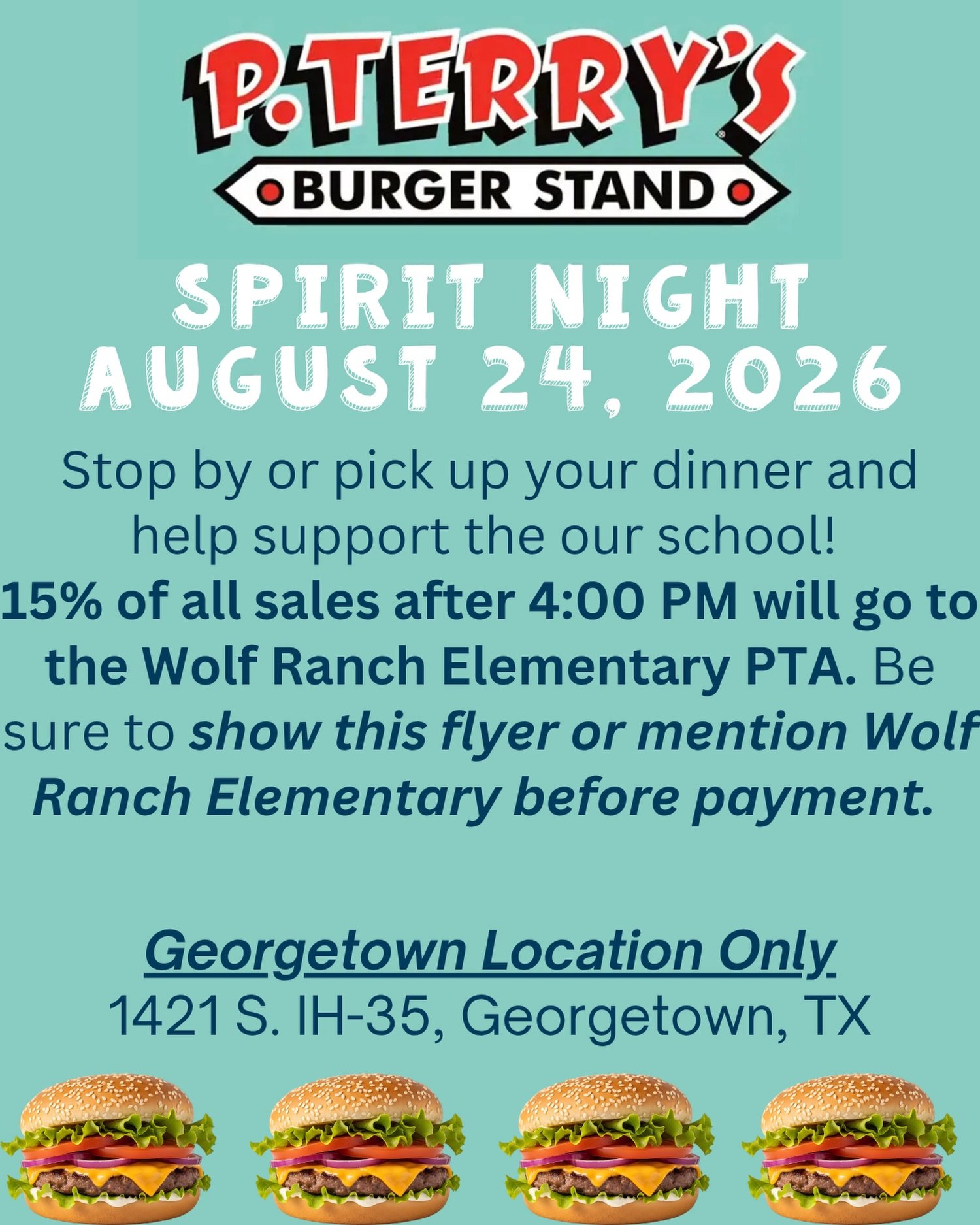 🍔 SPIRIT NIGHT IS TONIGHT! 🍟💙

Skip cooking tonight and support Wolf Ranch Elementary at P. Terry&rsquo;s! 🎉

Grab the family, pick up your favorite burgers, fries &amp; shakes, and help support our Pioneers while you&rsquo;re at it! 🤠💙

📍 P. 