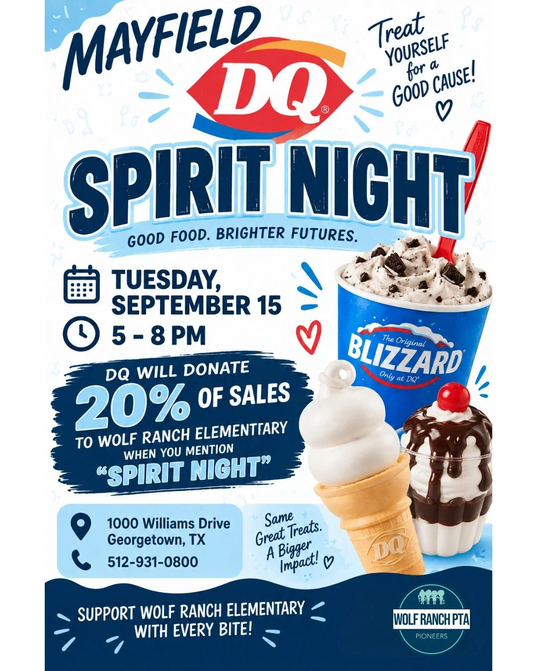 📣 **TWO WAYS TO SUPPORT WOLF RANCH THIS WEEK!** 💙

🍦 **DAIRY QUEEN SPIRIT NIGHT - TUESDAY 9/15!**
Skip the cooking and grab dinner (and definitely dessert! 🍦) at Dairy Queen tomorrow night! Be sure to mention **WOLF RANCH ELEMENTARY SPIRIT NIGHT*
