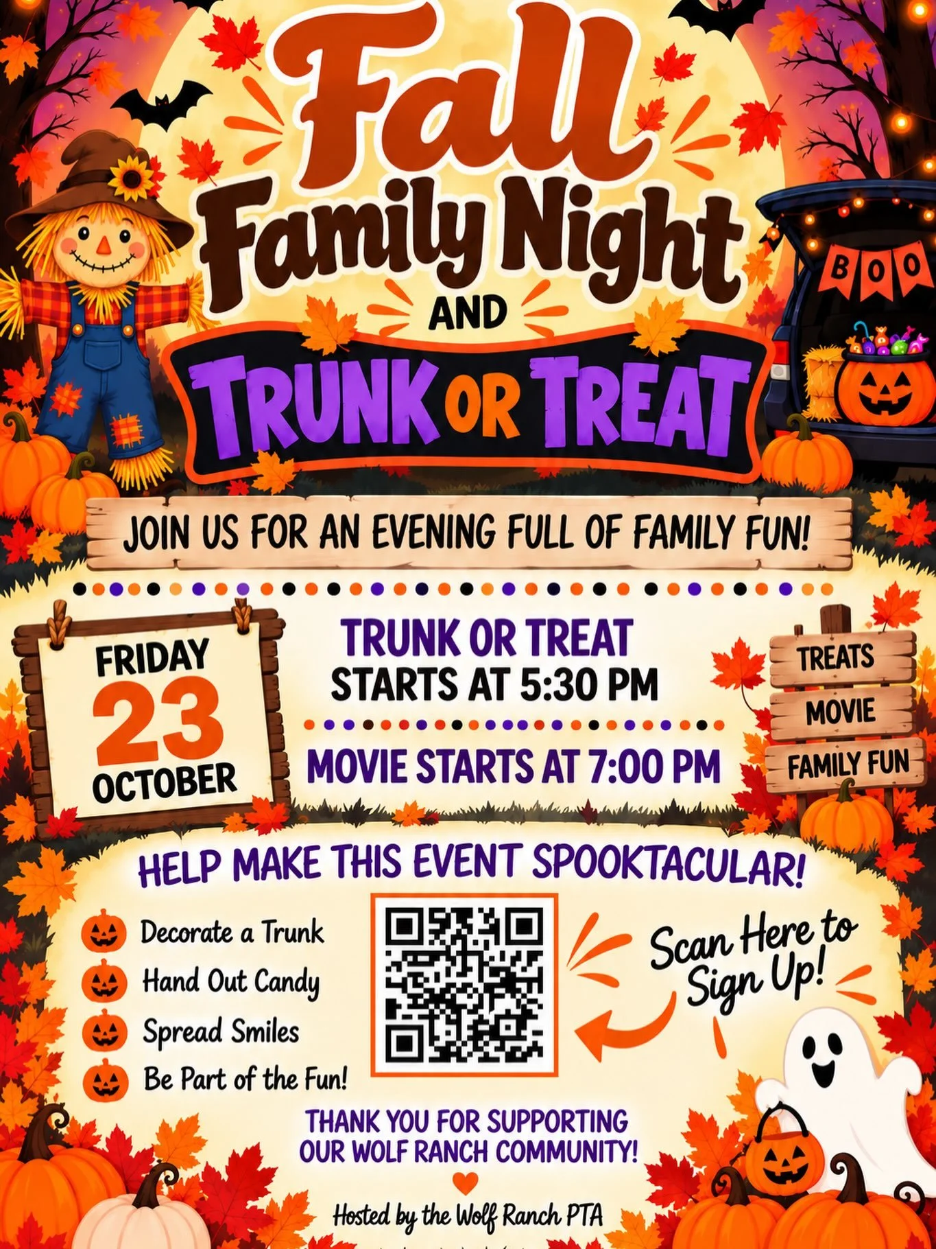 🍂🎃 Fall Family Night is almost here, Pioneers! 🎃🍂

Join us for a SPOOKTACULAR evening of family fun with Trunk or Treat + a movie! 👻🍬🎬

📅 Friday, October 23
🎃 Trunk or Treat starts at 5:30 PM
🎬 Movie starts at 7:00 PM

We need YOUR help to 