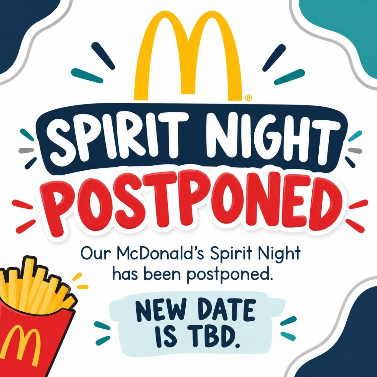 🍟 UPDATE: McDonald&rsquo;s Spirit Night has been POSTPONED! 🍔

Our McDonald&rsquo;s Spirit Night will not be happening as originally scheduled. A new date is TBD, so stay tuned&mdash;we&rsquo;ll share the updated date as soon as we have it!

Thanks