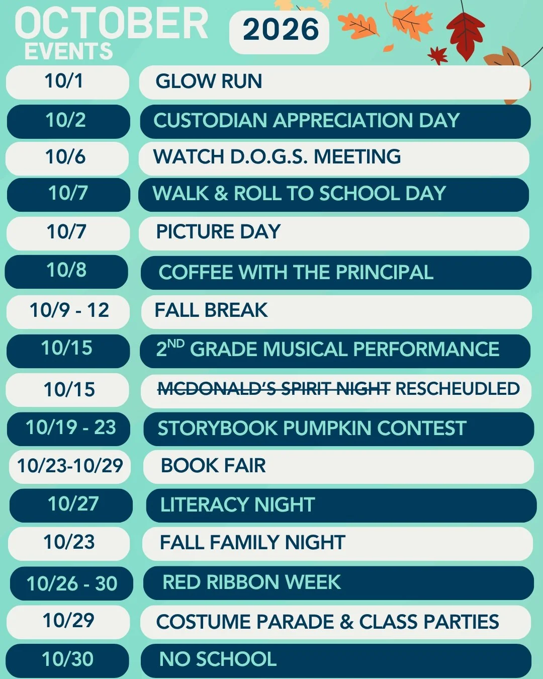 📣 New Calendar of Events for October - Updated 10/16 📣

New to October's Calendar: 
✅ Our book fair will start Friday 10/23 and 
✅Literacy Night has been moved to 10/27. 

We can't wait to make more fall memories with our Pioneers!!