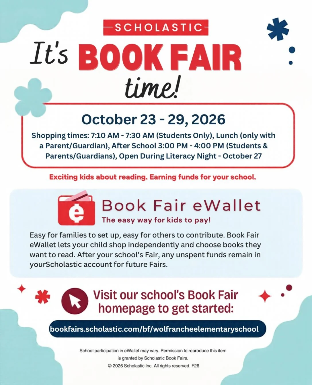 📚✨ It&rsquo;s Book Fair time at Wolf Ranch! ✨📚

The Scholastic Book Fair is coming October 23&ndash;29! 🎉 Students can shop for new favorites, and families can join in during select shopping times and Literacy Night on October 27!

💳 Want to make