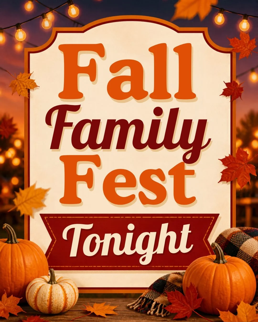 🍂🎃 FAMILY FALL FEST IS TONIGHT! 🎃🍂

Grab the family and come out for a fun fall night! 🧡

🍬 Trunk or Treat starts at 5:30 PM
🎬 ELIO starts at 7:00 PM under the stars! ✨

Come hungry! 😋
🍕 Hungry J&rsquo;s will have pizza available for purchas