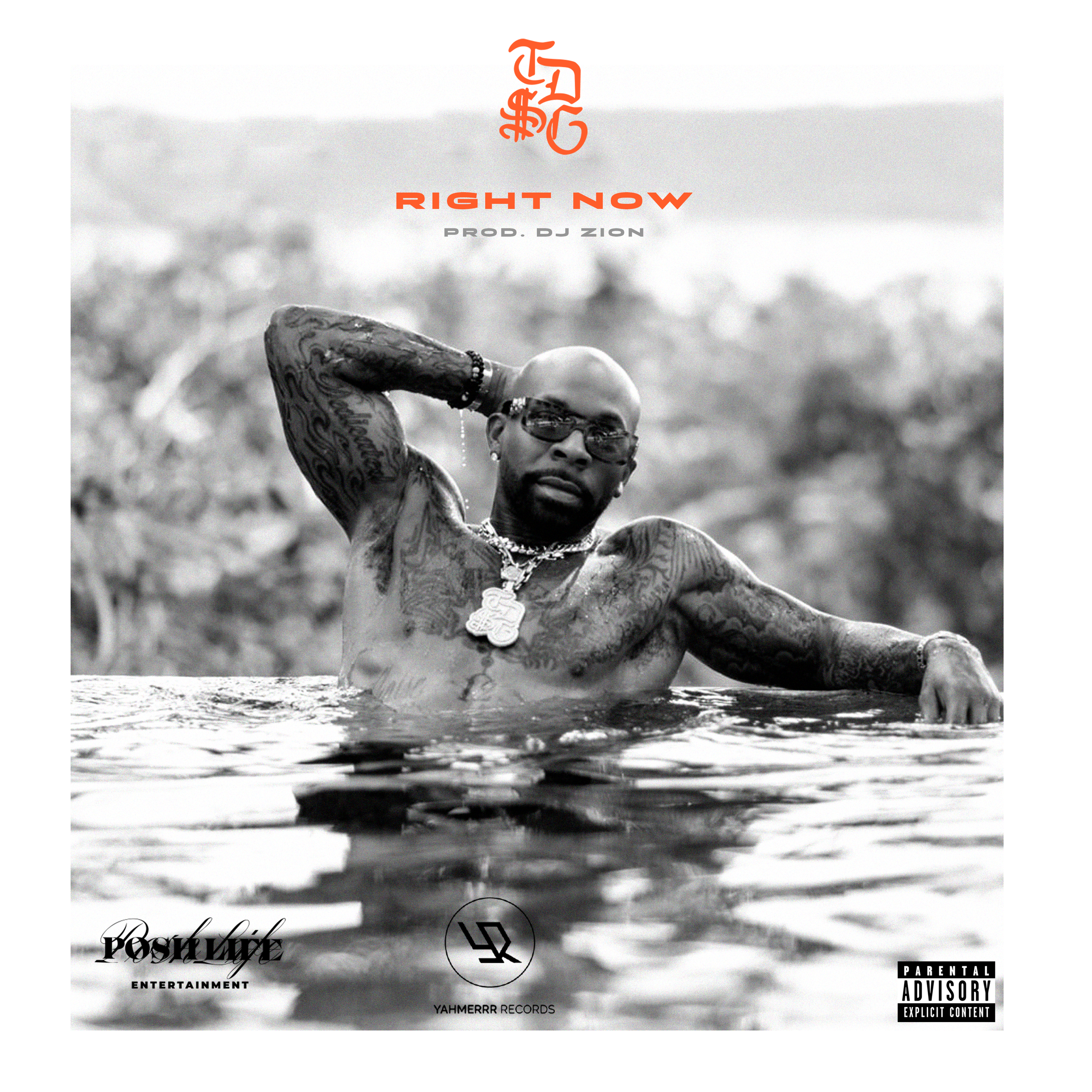 Black and white photograph of a tattooed man wearing sunglasses and jewelry, posing in a body of water with a blurred natural background. The album cover features red text and logos for music tracks and record labels.