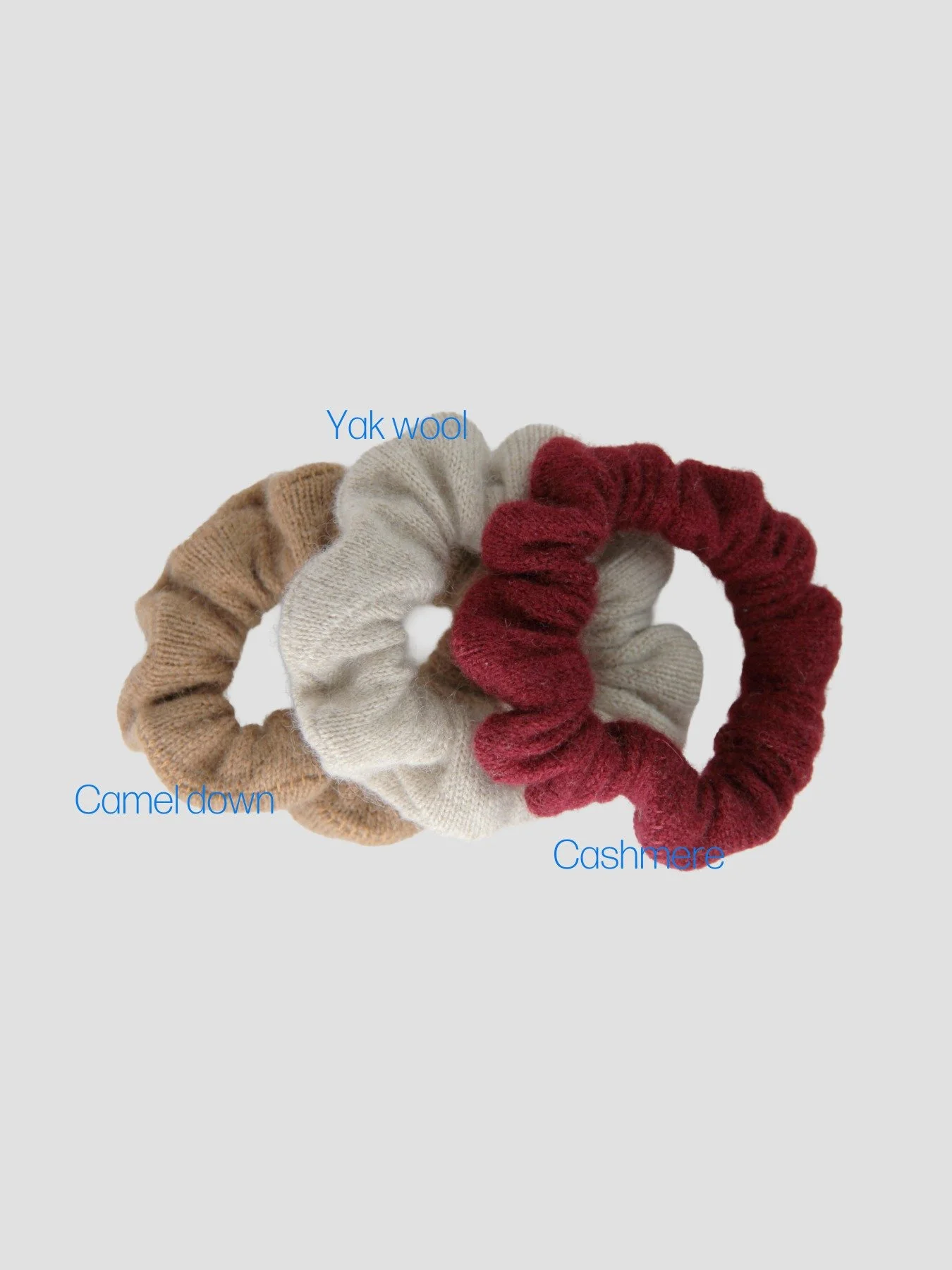 Handcrafted 3-piece hair tie set made of pure Mongolian cashmere, camel hair, and yak wool by Hand of Origin